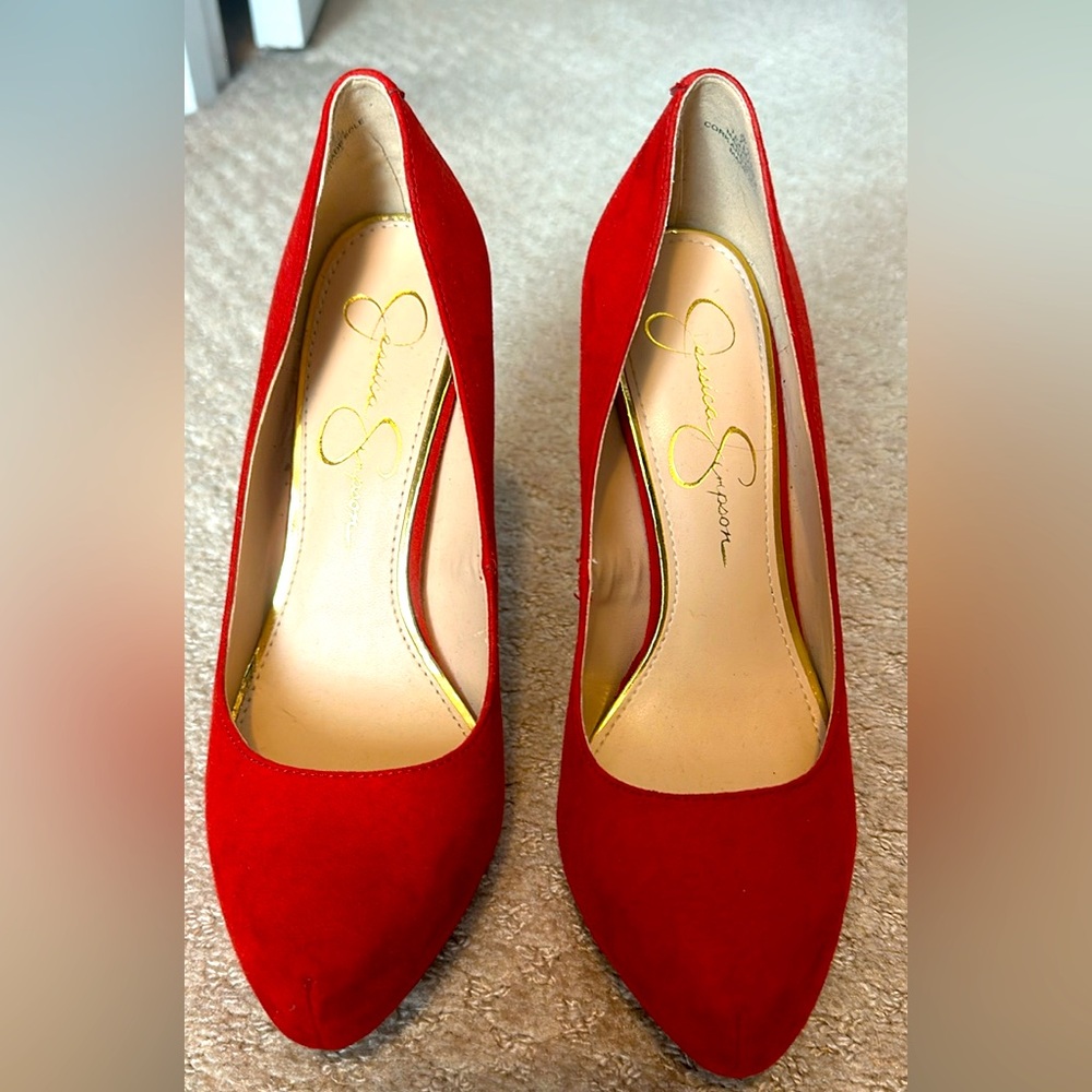 Red suede Jessica Simpson heels